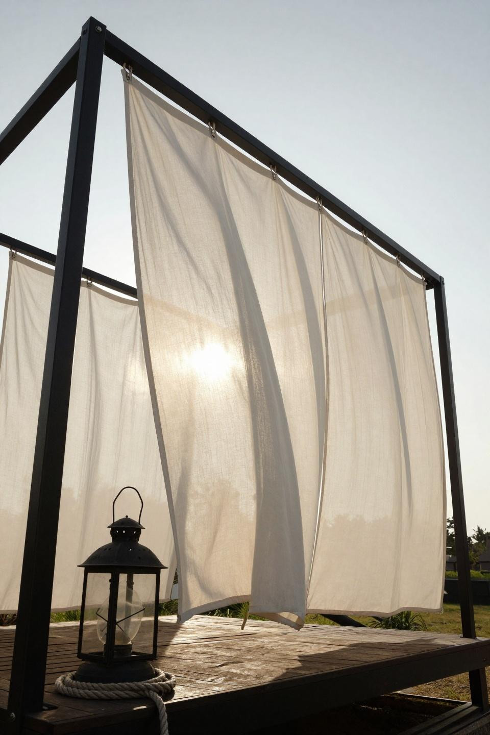 Gazebo curtains in warm white linen with dramatic backlighting