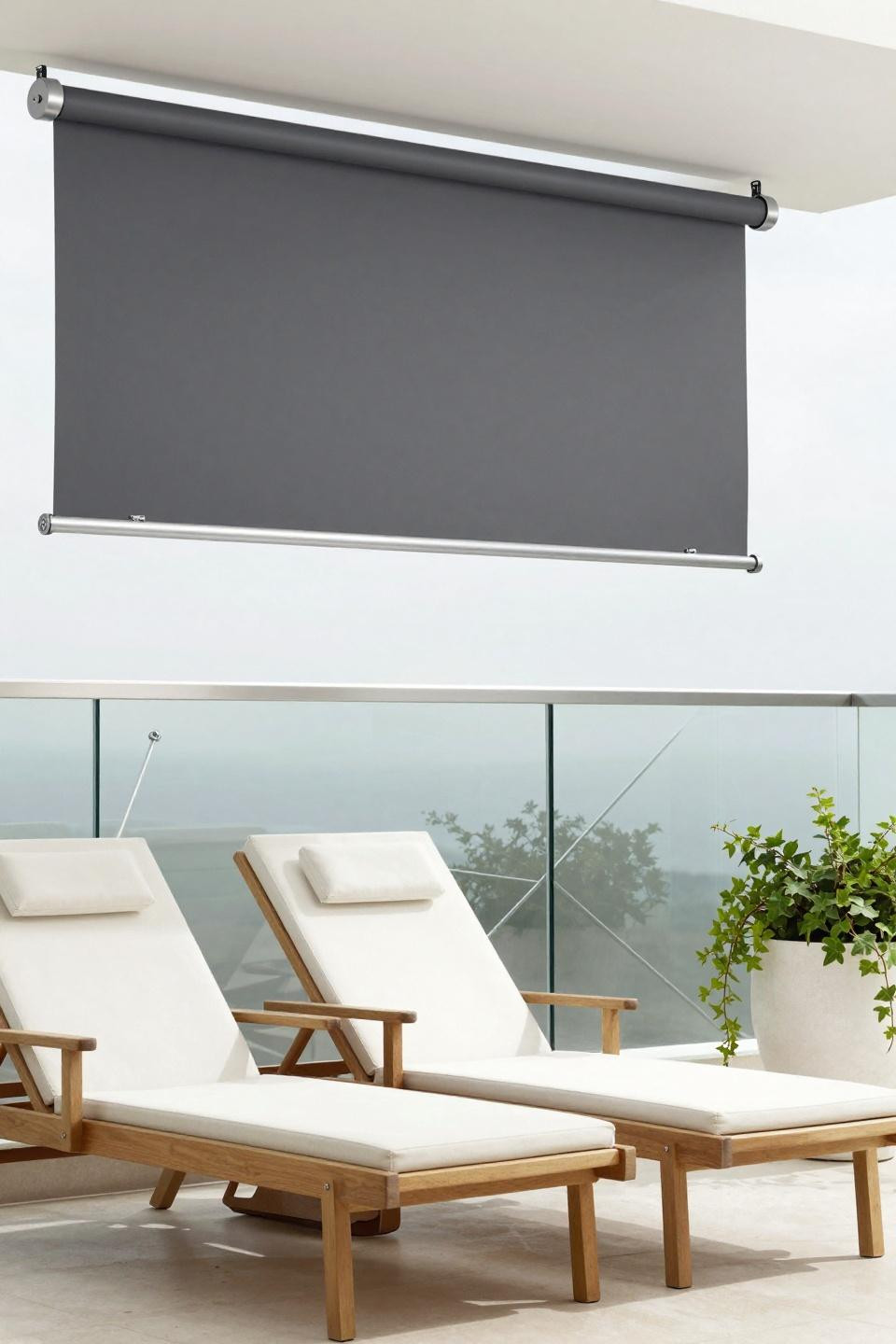 Balcony curtain ideas with charcoal motorized roll-up system