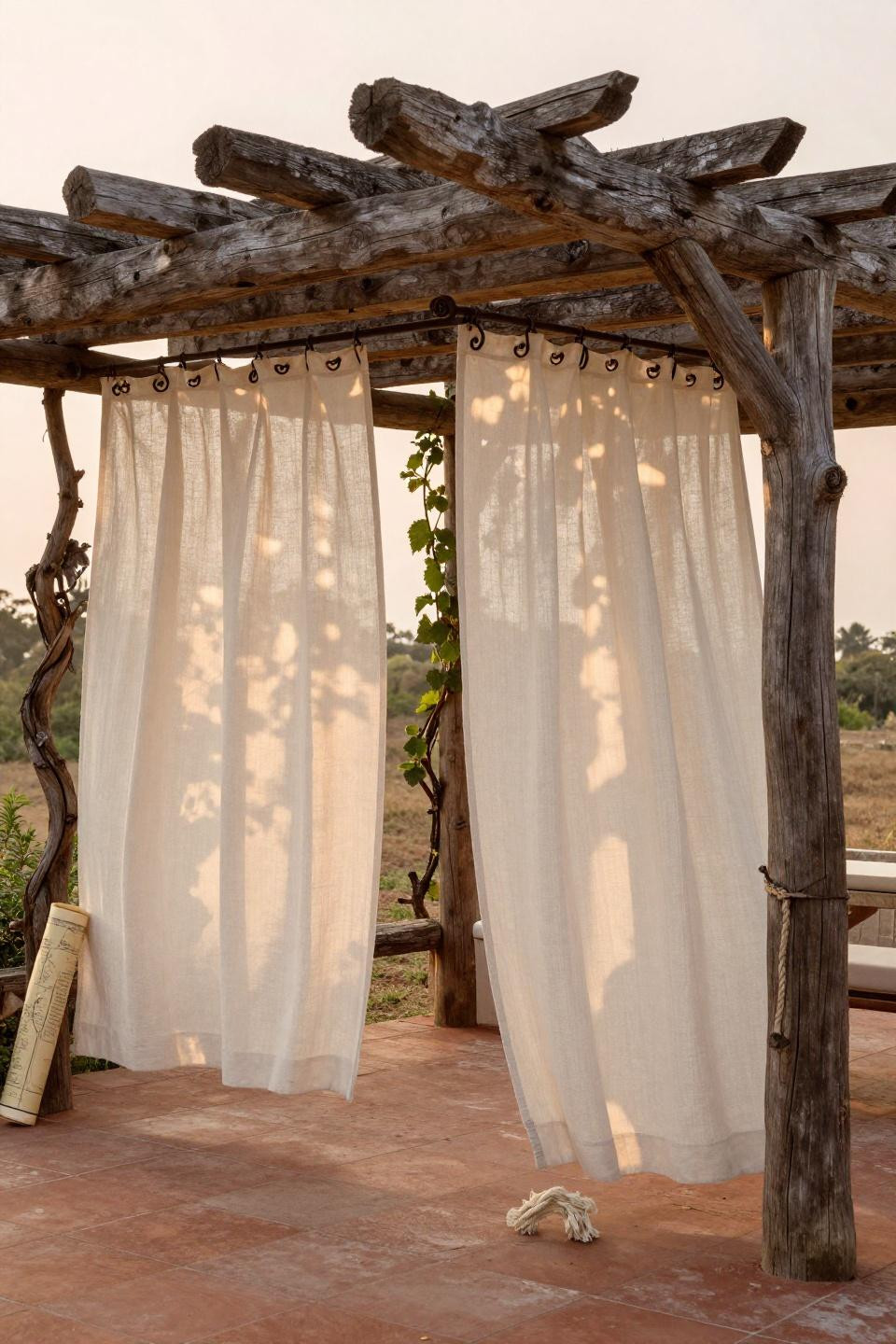 Outdoor patio curtains ideas in ivory linen farmhouse style