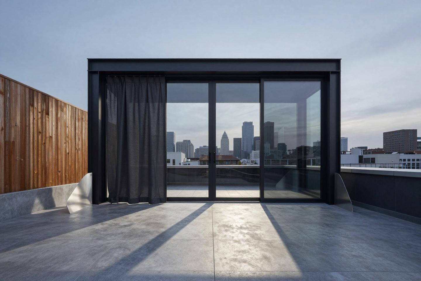 Outdoor drapes in charcoal grey floor-to-ceiling modern style