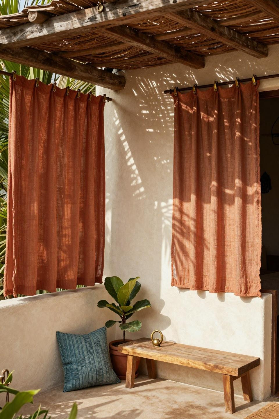 Outdoor shades in terracotta rust with vintage brass hardware