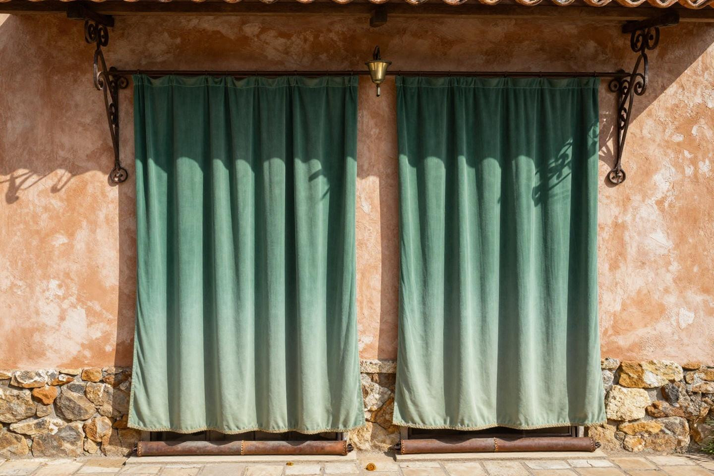 Outdoor curtains for porch in olive green Mediterranean style