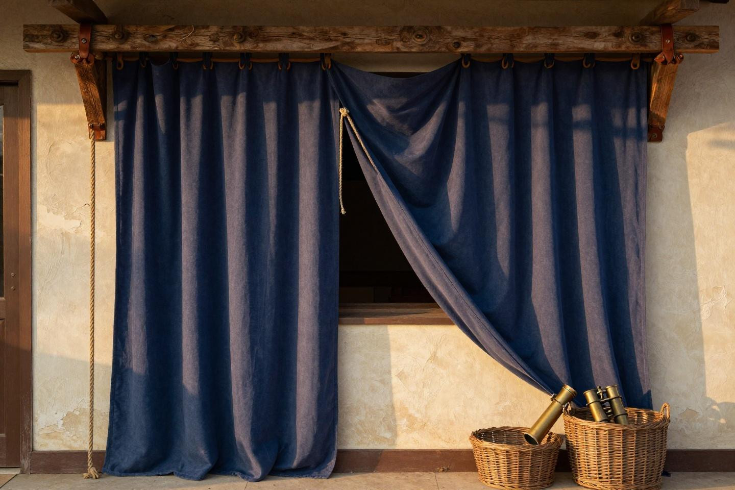 Patio shades in deep indigo with rustic rope hardware