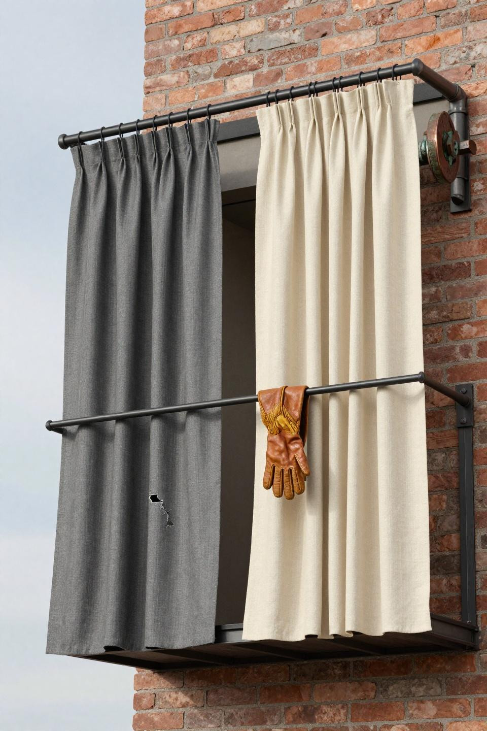 Outside curtains in contrasting charcoal and cream dual panels