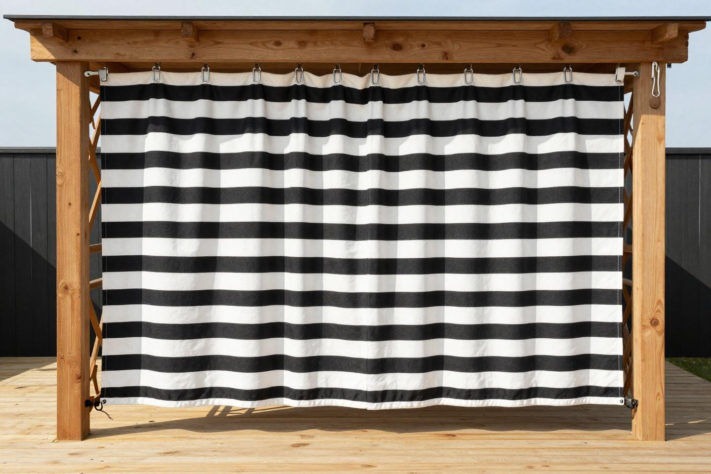 Gazebo curtains in bold black and white stripes with carabiner clips