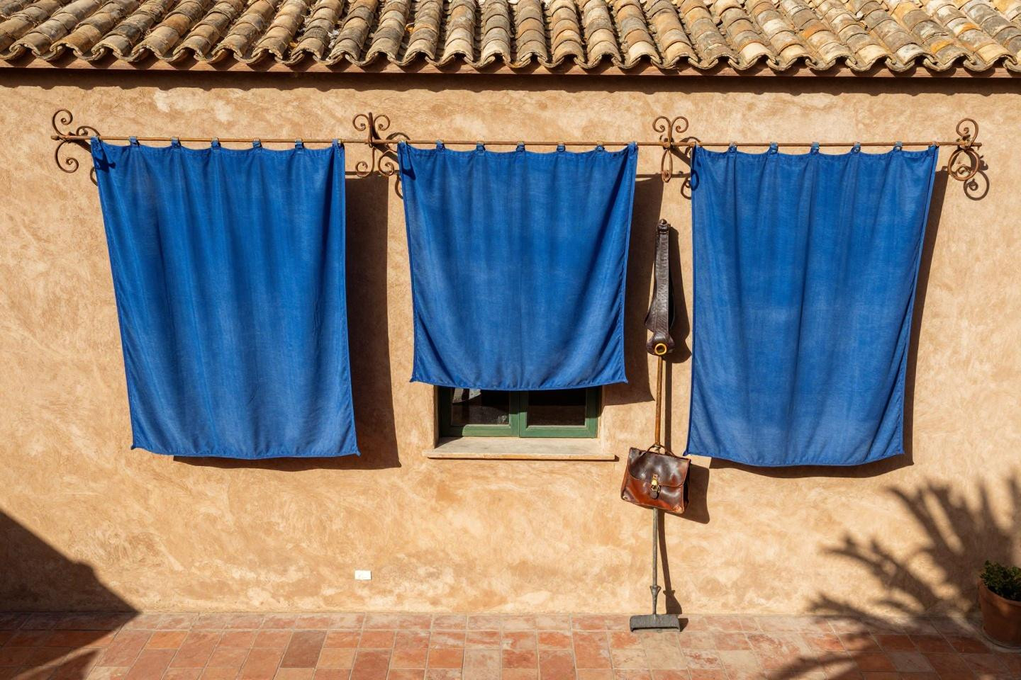 Outdoor patio curtains ideas in peacock blue Mediterranean style