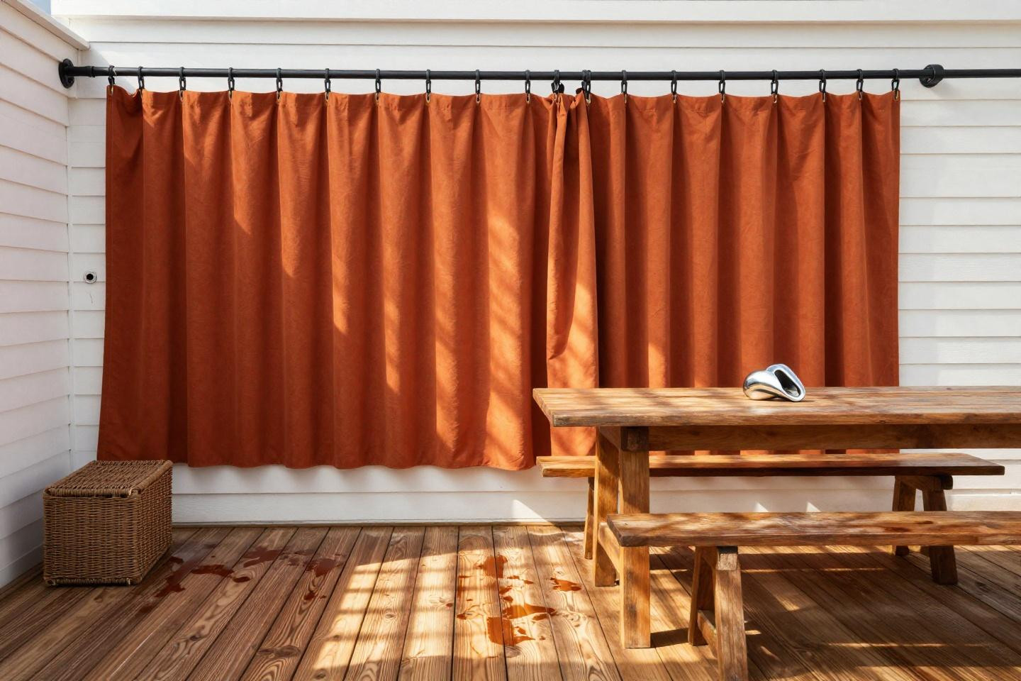 Outdoor drapes in rust orange with generous floor puddle