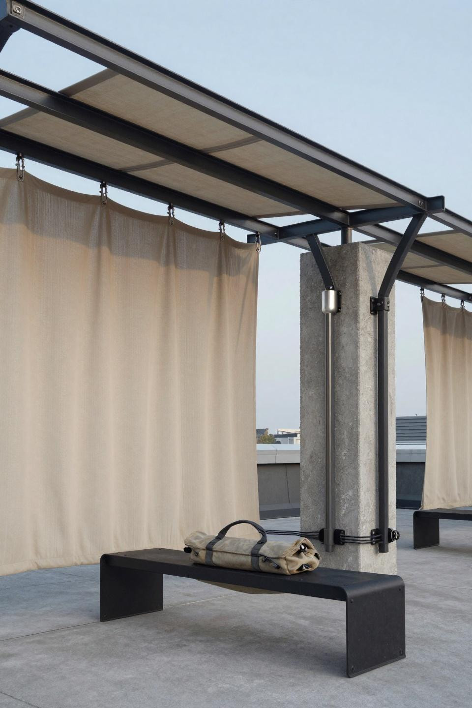 Outdoor shades in sand color with industrial cable mounting