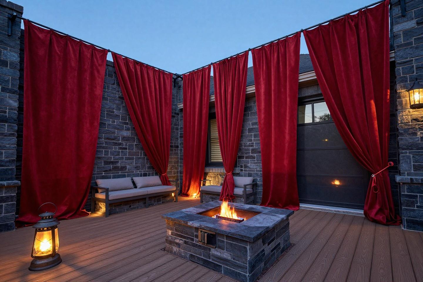 Outdoor curtains for porch in rust red with cable tensioner system