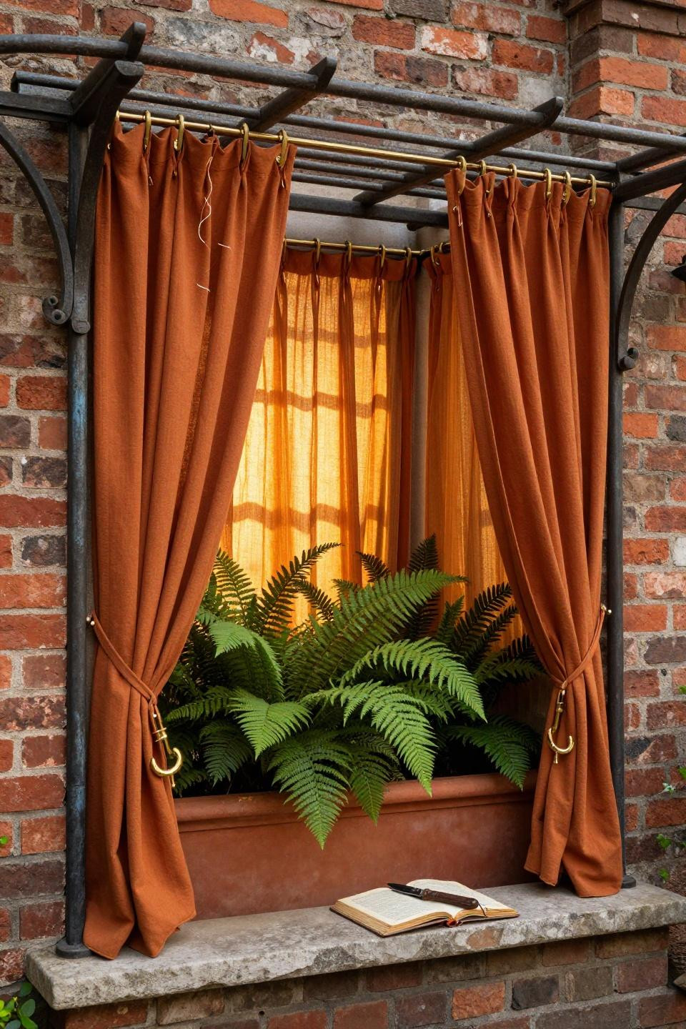 Patio shades in burnt orange with brass hardware on brick wall