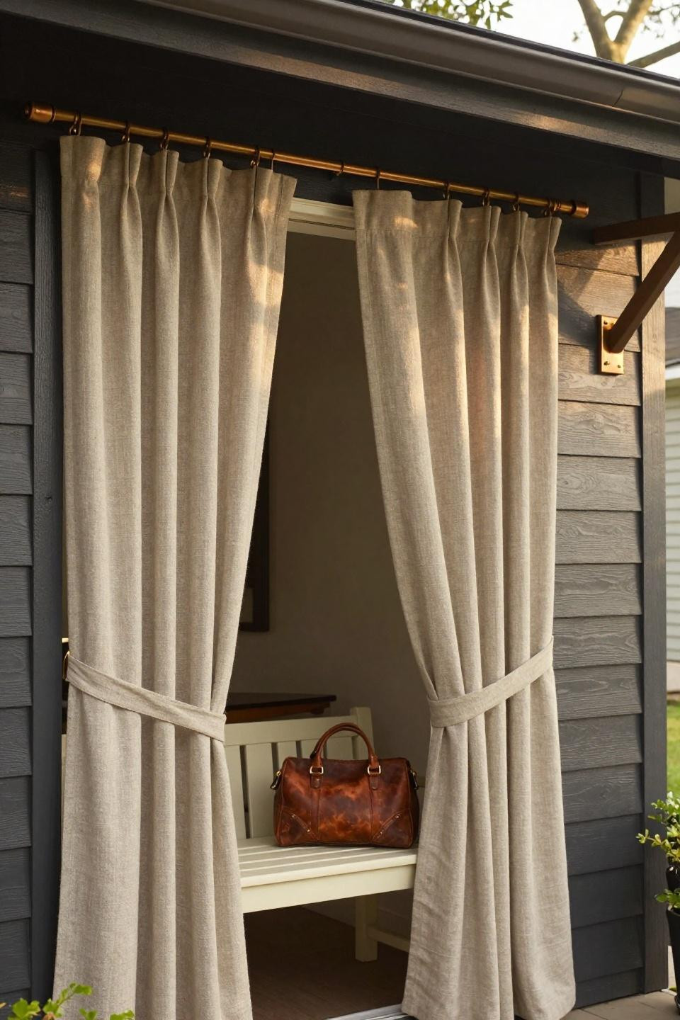 Terrace curtains in taupe linen with oil-rubbed bronze hardware