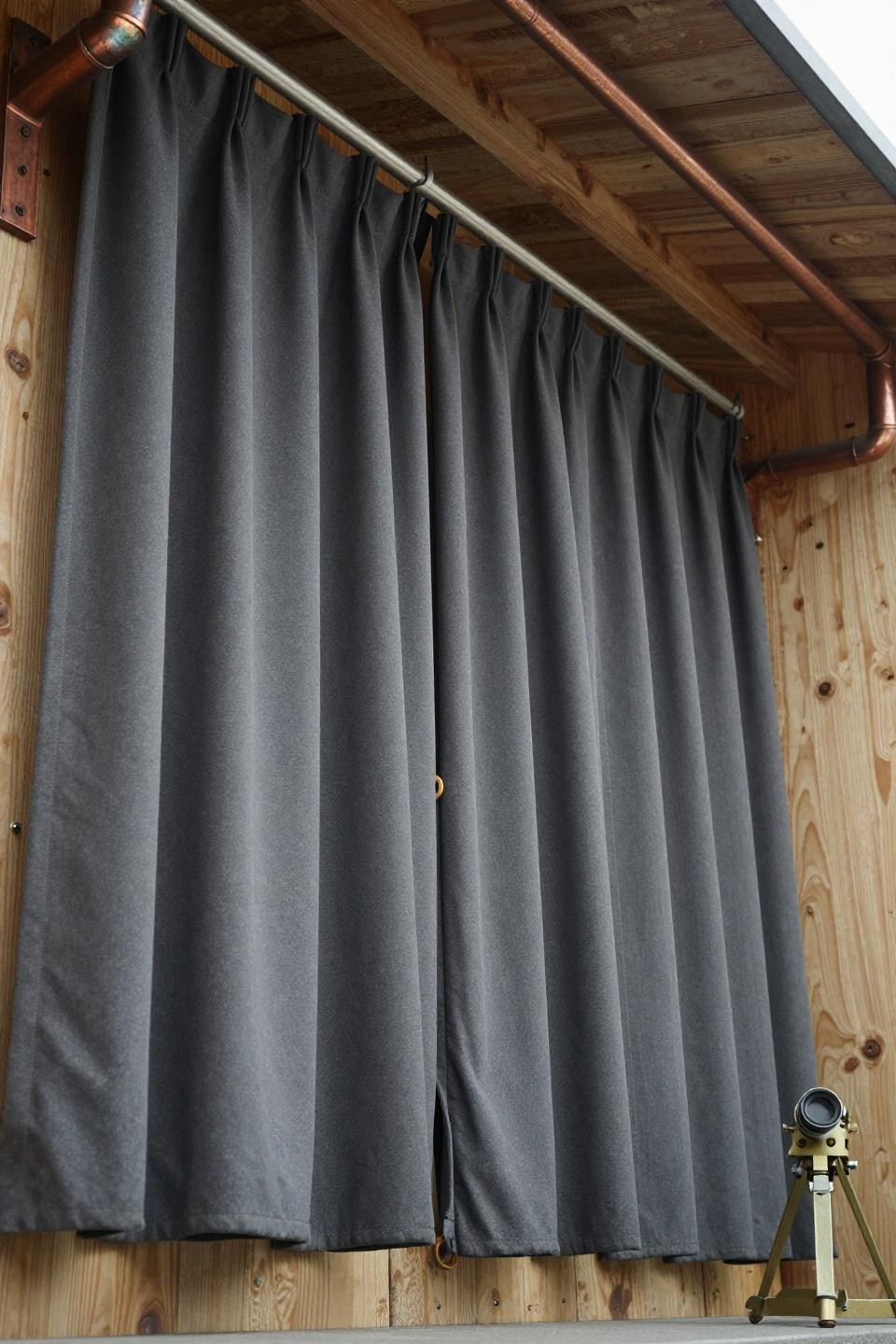 Outdoor curtains in storm grey on copper pipe system in breezeway