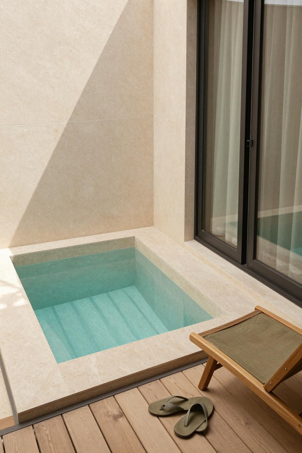 Mini pool ideas with rectangular plunge pool and sand-toned travertine coping