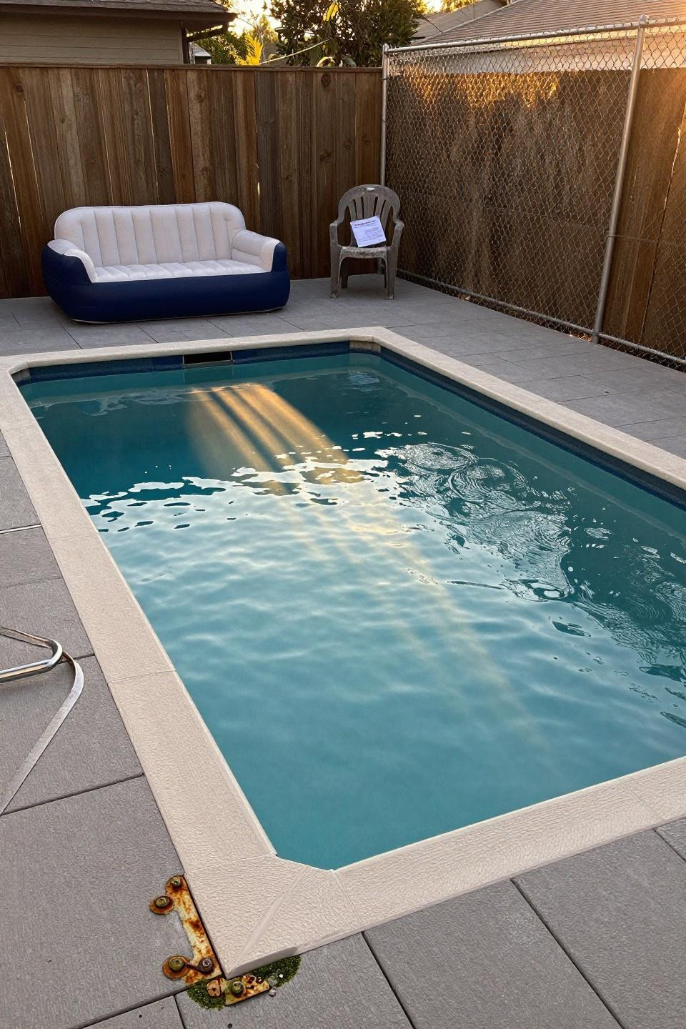 Rectangle pool with budget-friendly composite deck in suburban setting