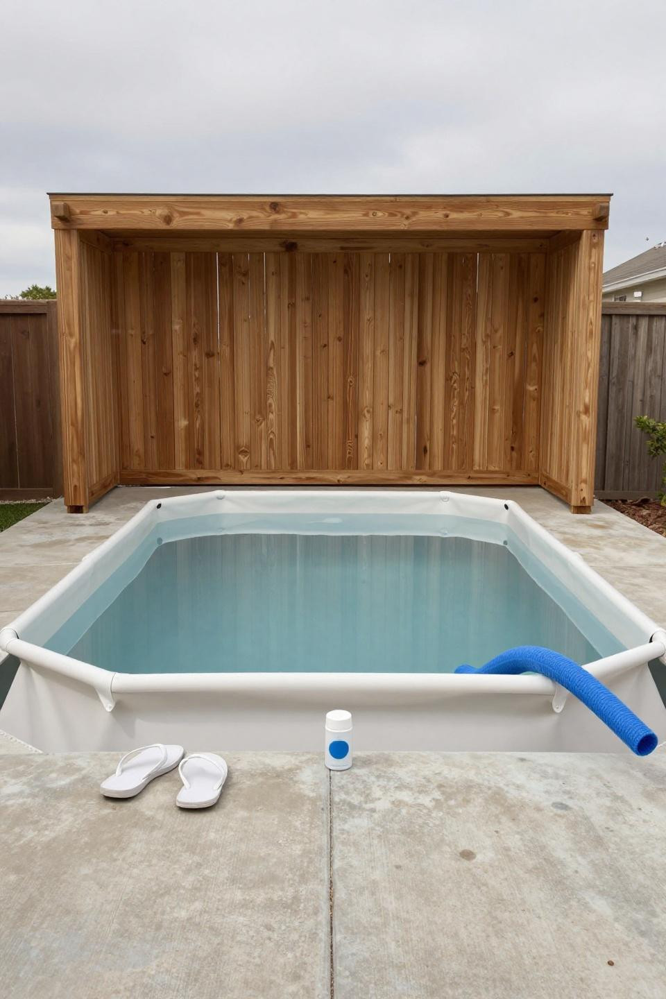 Cheap pool with white vinyl liner against cedar privacy screen