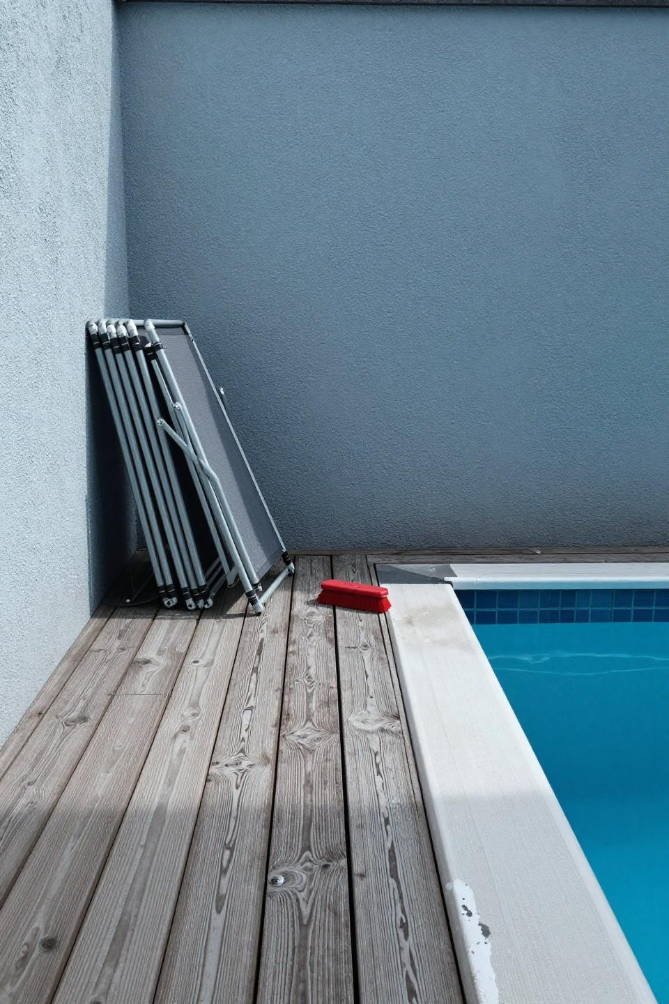 Above ground pool deck ideas with whitewashed wood in courtyard