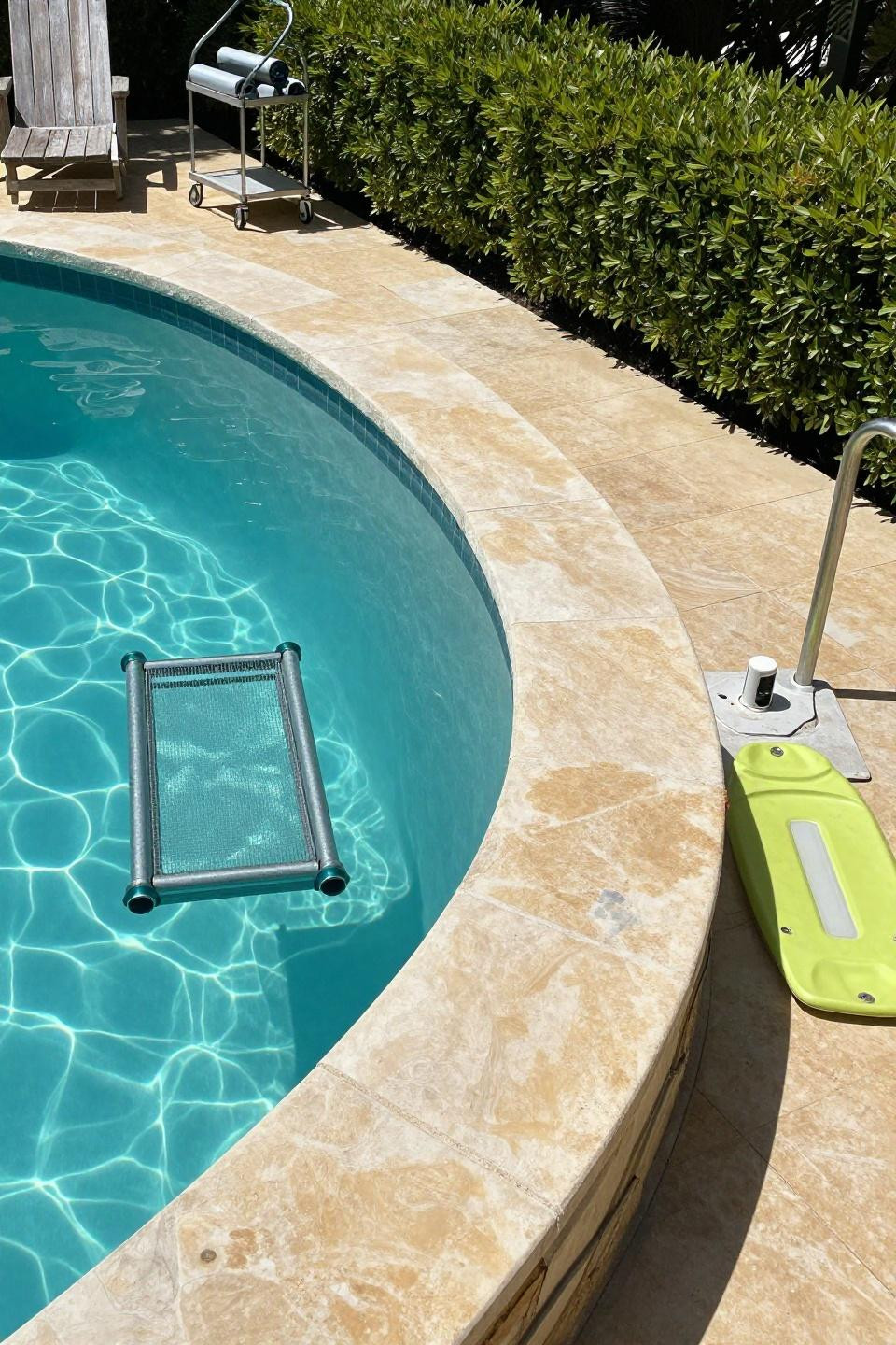 Small pool area with natural stone coping and tan hardscape integration