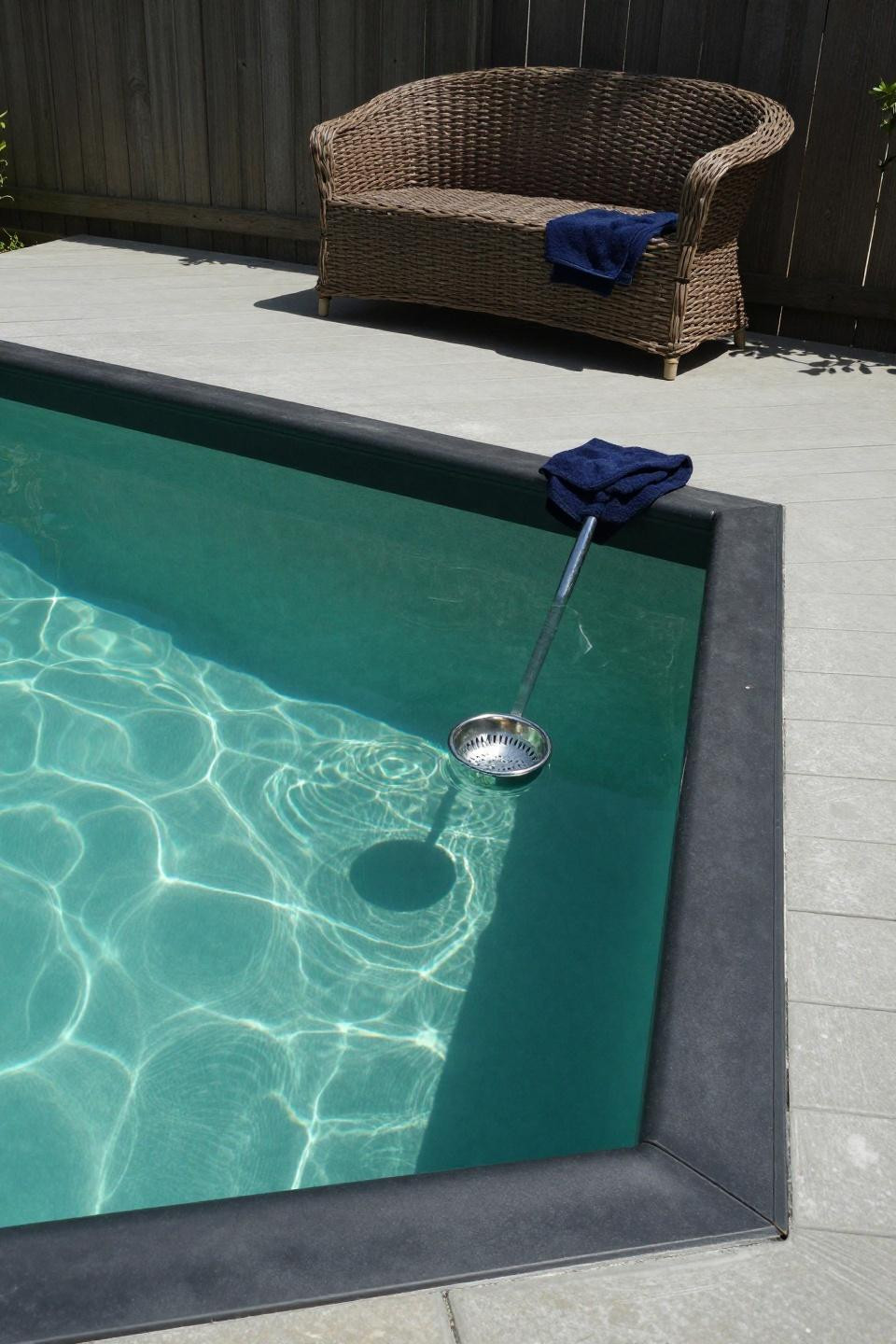 Raised pools with sage-green composite deck and matte black aluminum coping