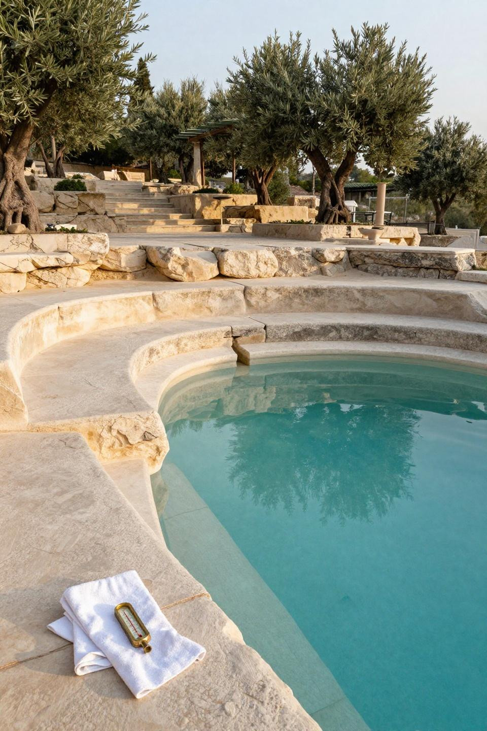 Plunge pool ideas carved into limestone terrace with handcrafted stone steps