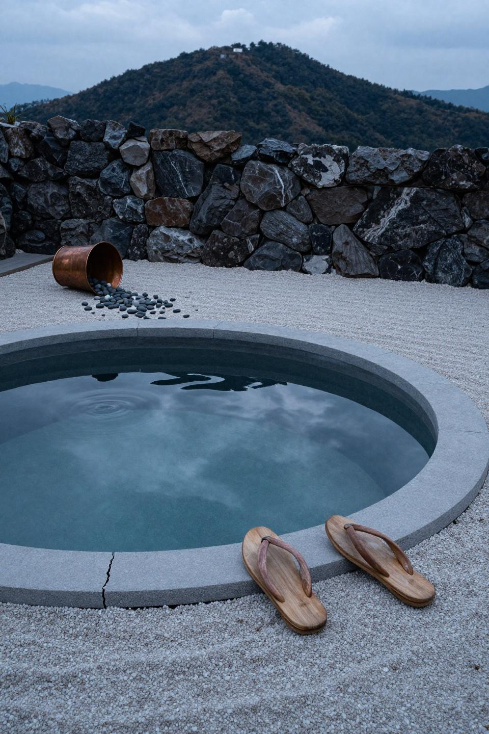 Semi inground pool ideas with circular design in minimalist gravel garden