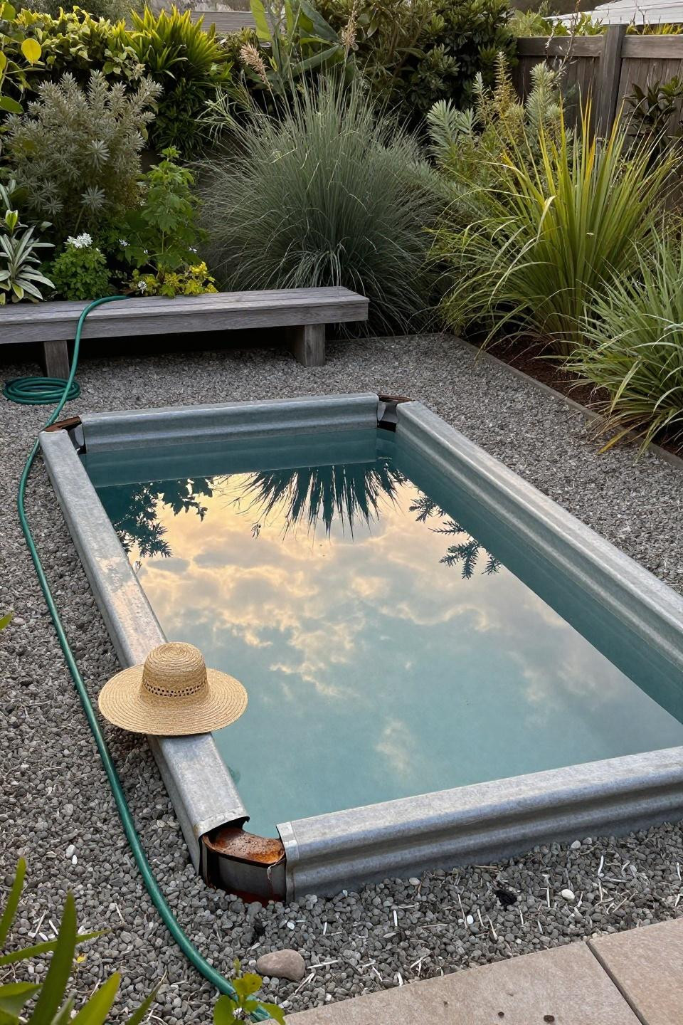 Small pools for small yards with weathered zinc frame in contemporary garden