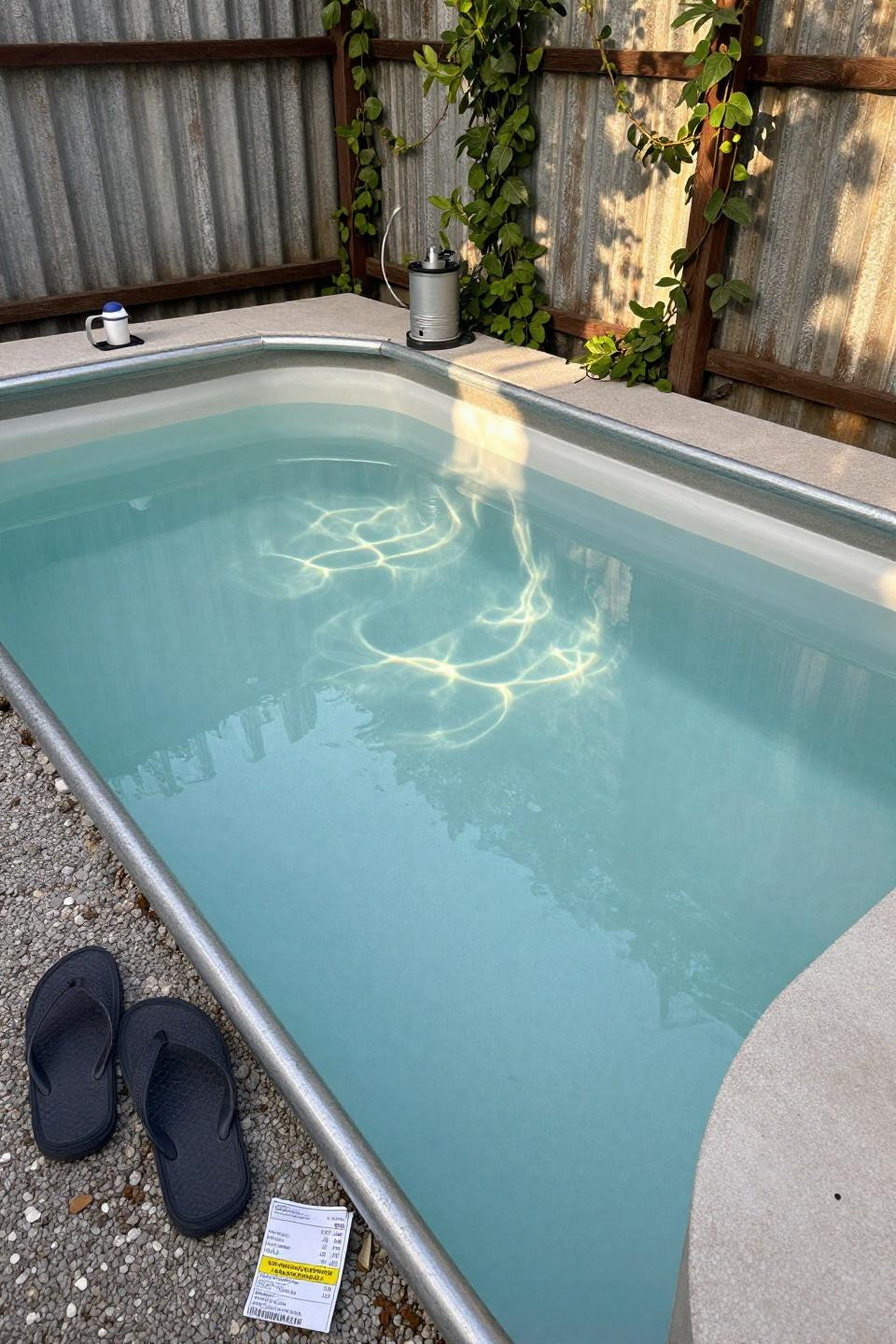 Cheap pool made from stacked cinder blocks with steel frame against metal fence