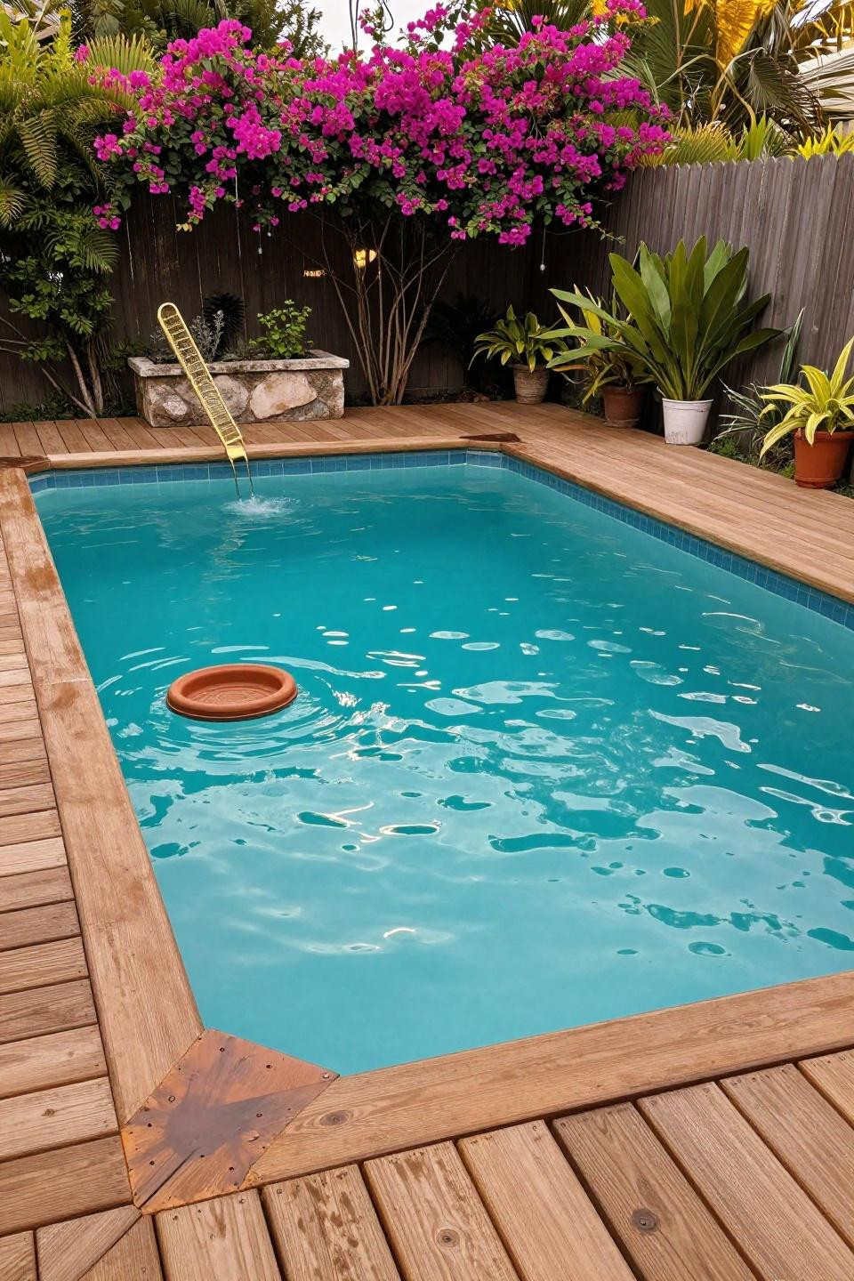 Small pool area with natural teak deck and bronze coping in garden setting