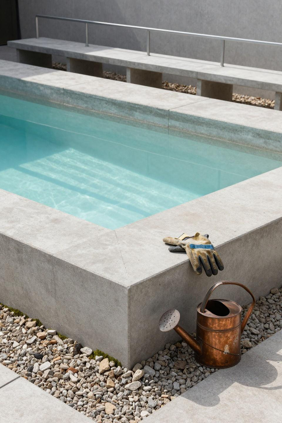 Raised pools built from concrete pavers with bench seating in courtyard