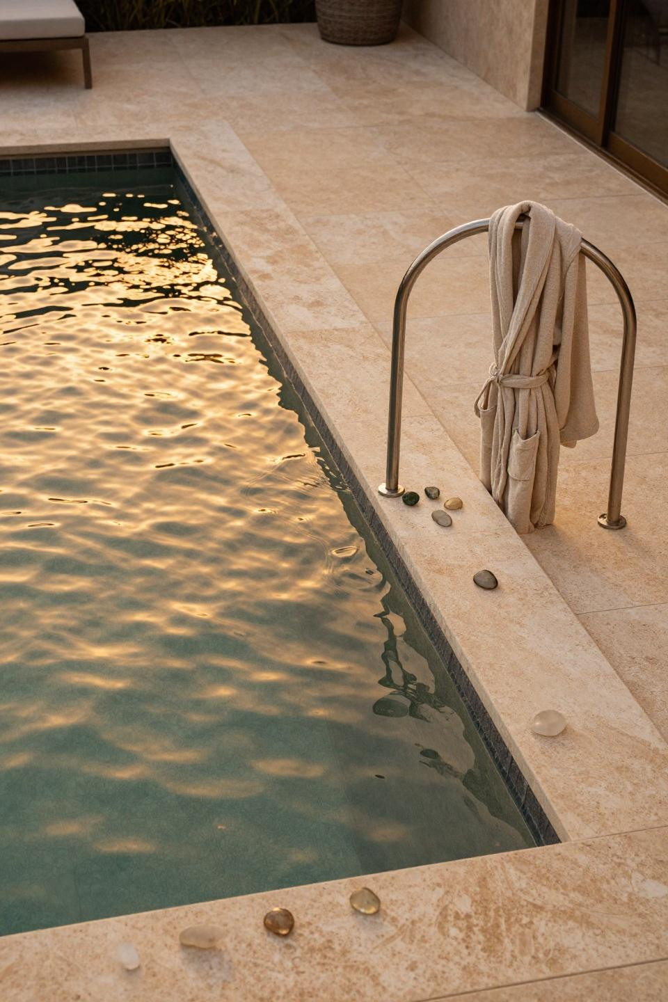 Plunge pool ideas with modular panels and spillway on travertine patio