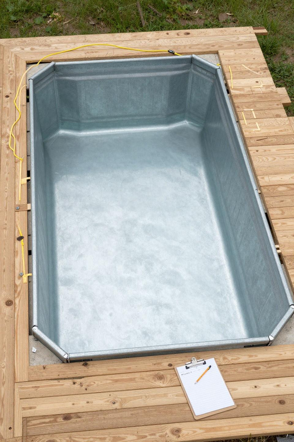 Semi inground pool ideas using welded metal stock tanks with plywood deck