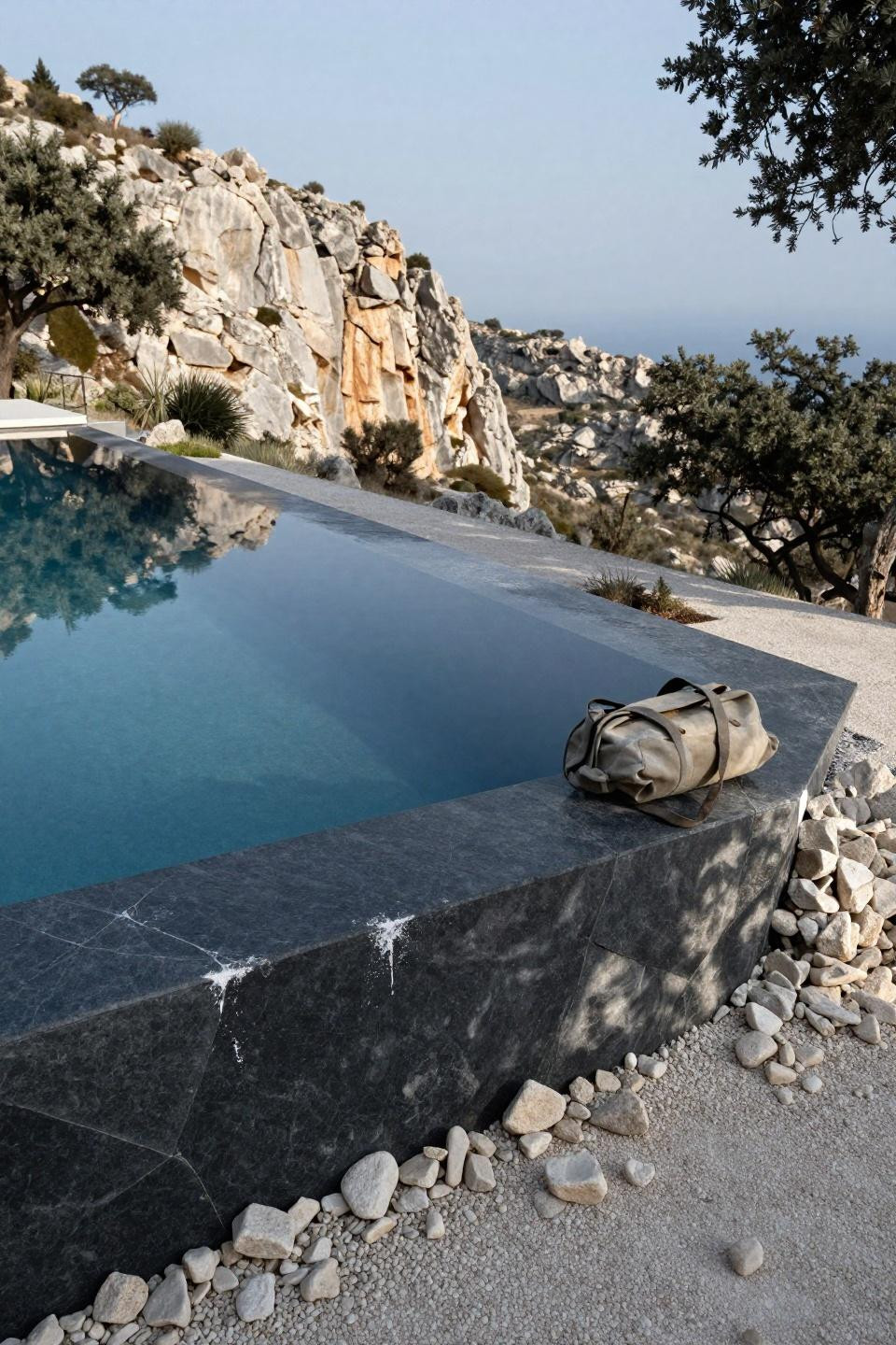 Mini pool ideas with dark slate infinity edge in natural limestone