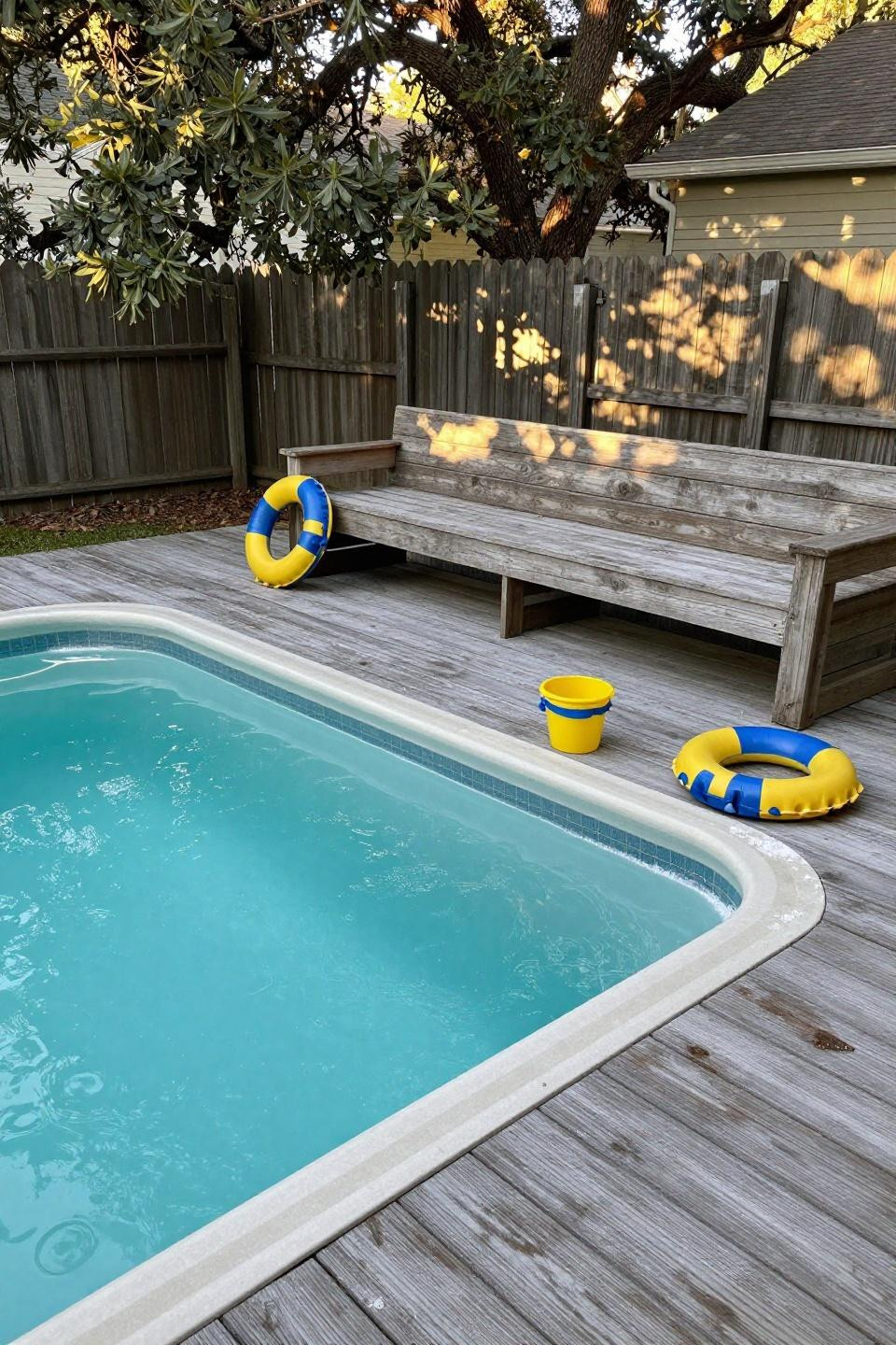 Small pools for small yards with vinyl liner and pressure-treated bench