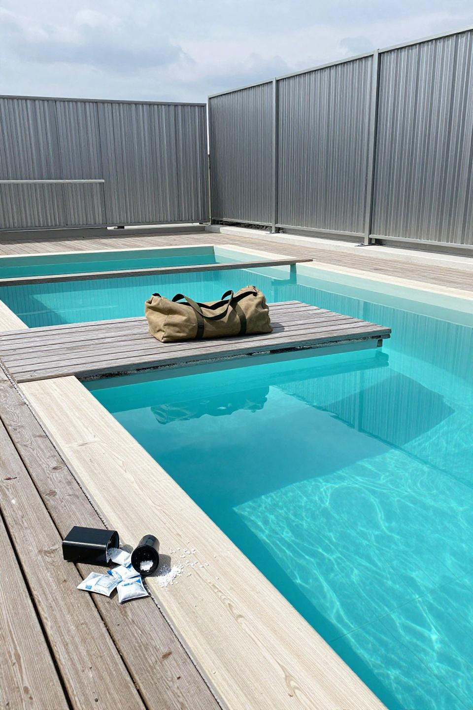 Small pool ideas featuring budget rooftop rectangle pool with composite timber blocks