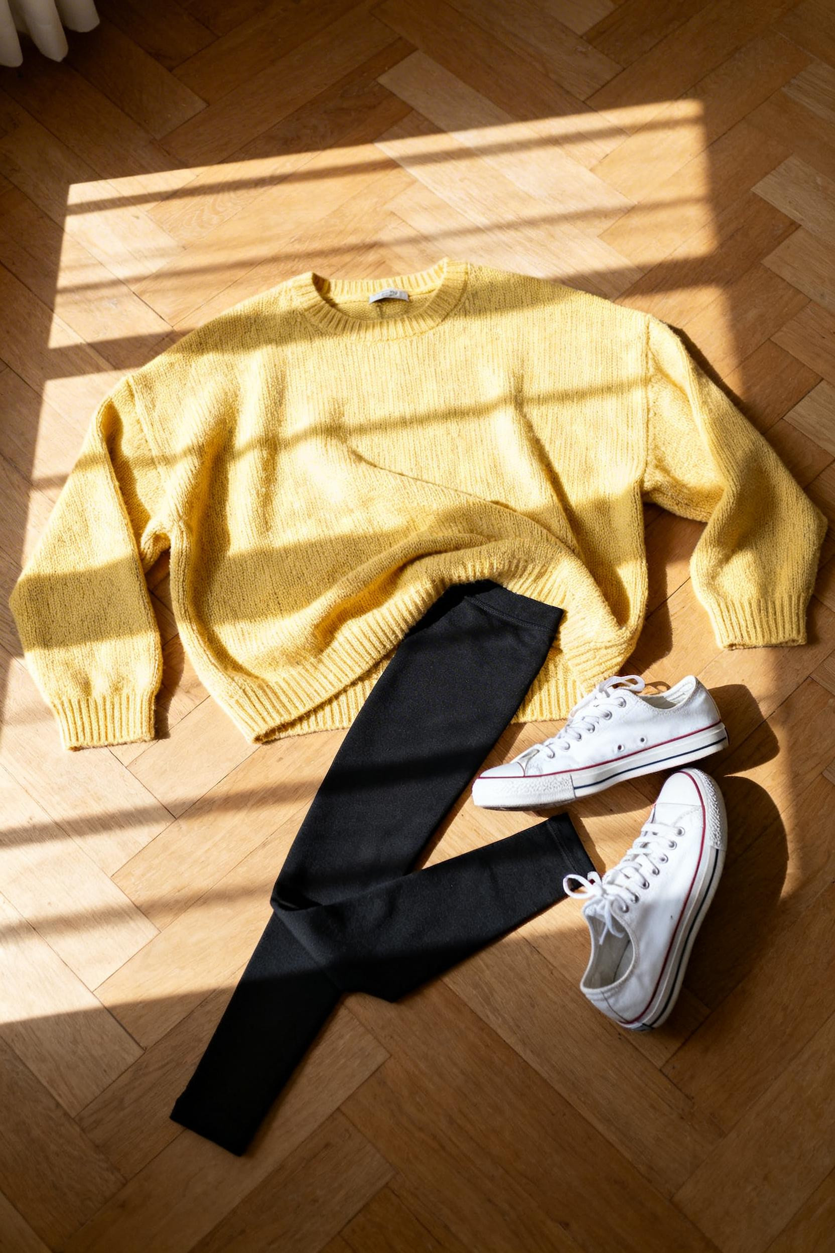 How To Style Leggings For School - yellow sweater flatlay