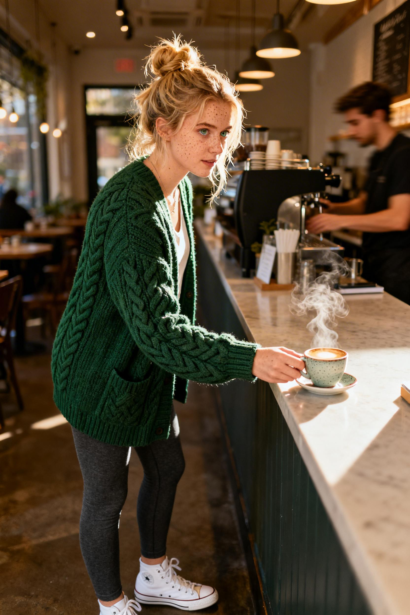 Cute Outfits With Leggings - green cardigan café