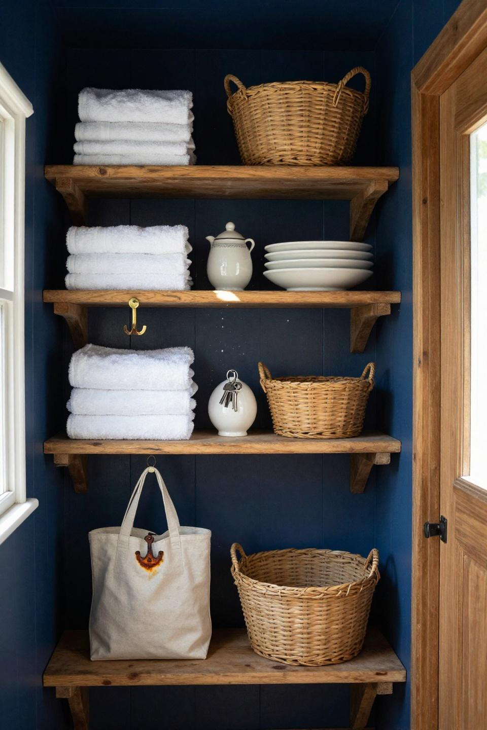 Small pool house interior with deep navy board-and-batten walls and vintage apothecary shelving