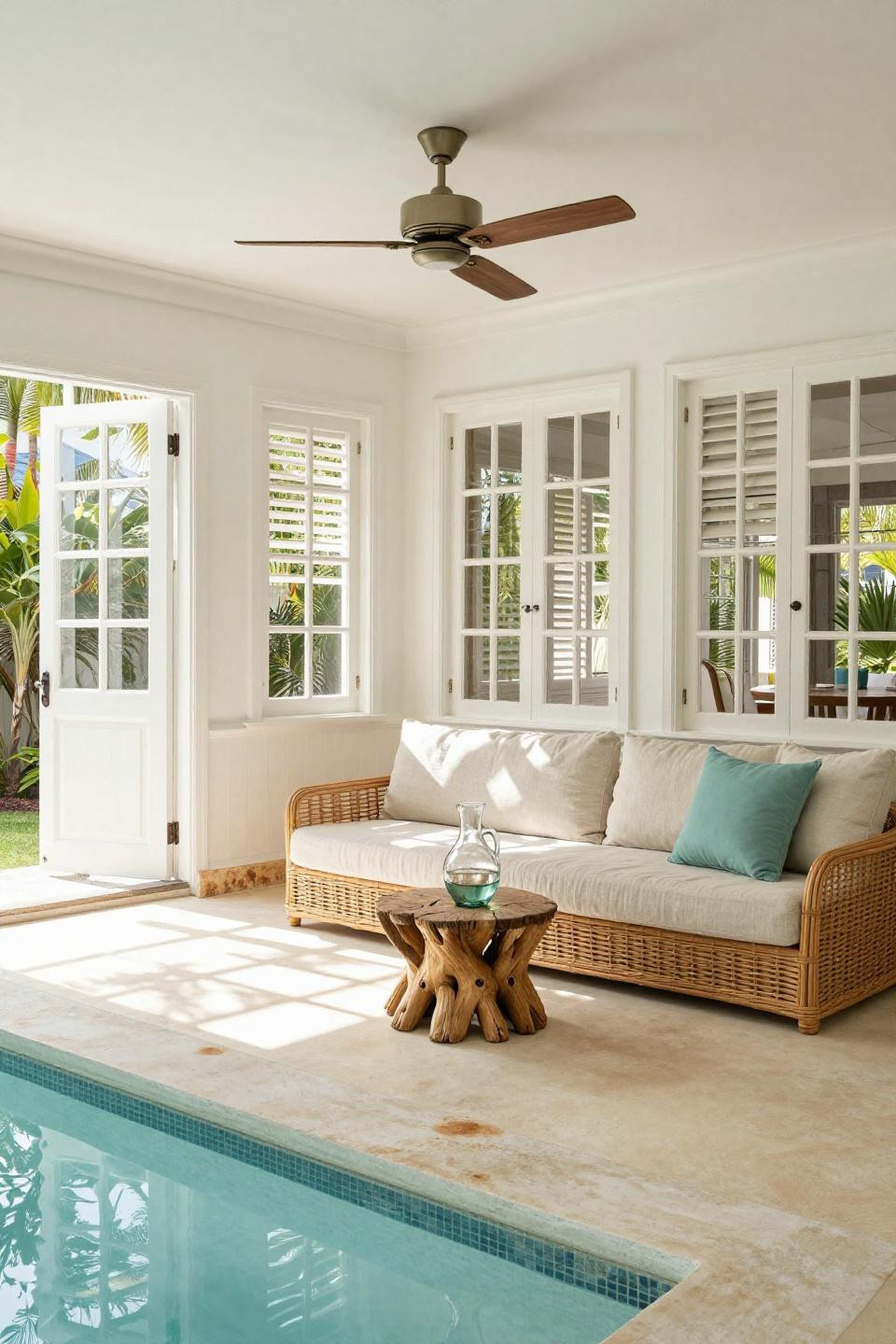 Inside pool house ideas with whitewashed cedar jalousie walls and rattan sectional