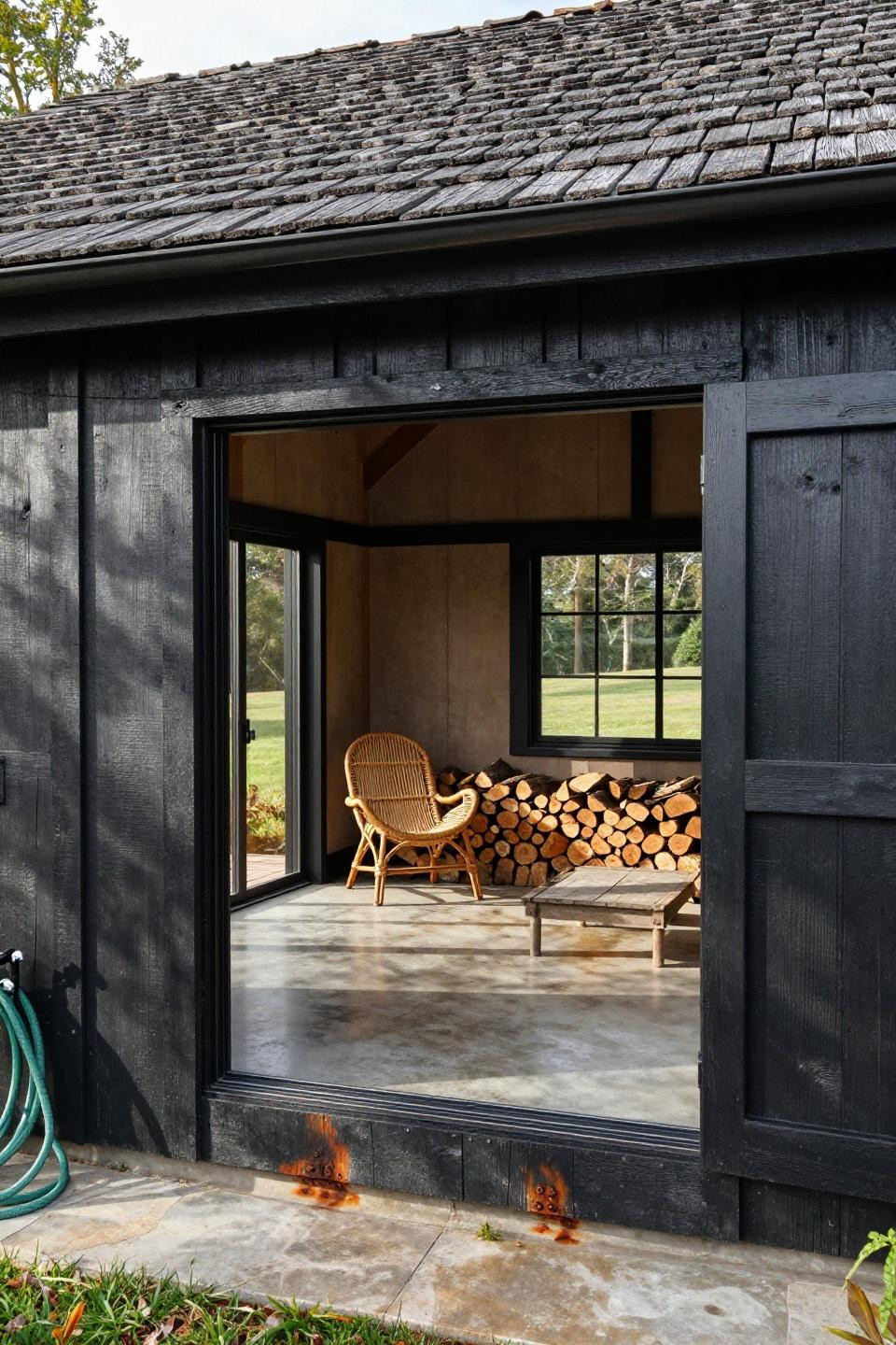 Backyard pool house ideas with charcoal board-and-batten walls and cedar shake roof
