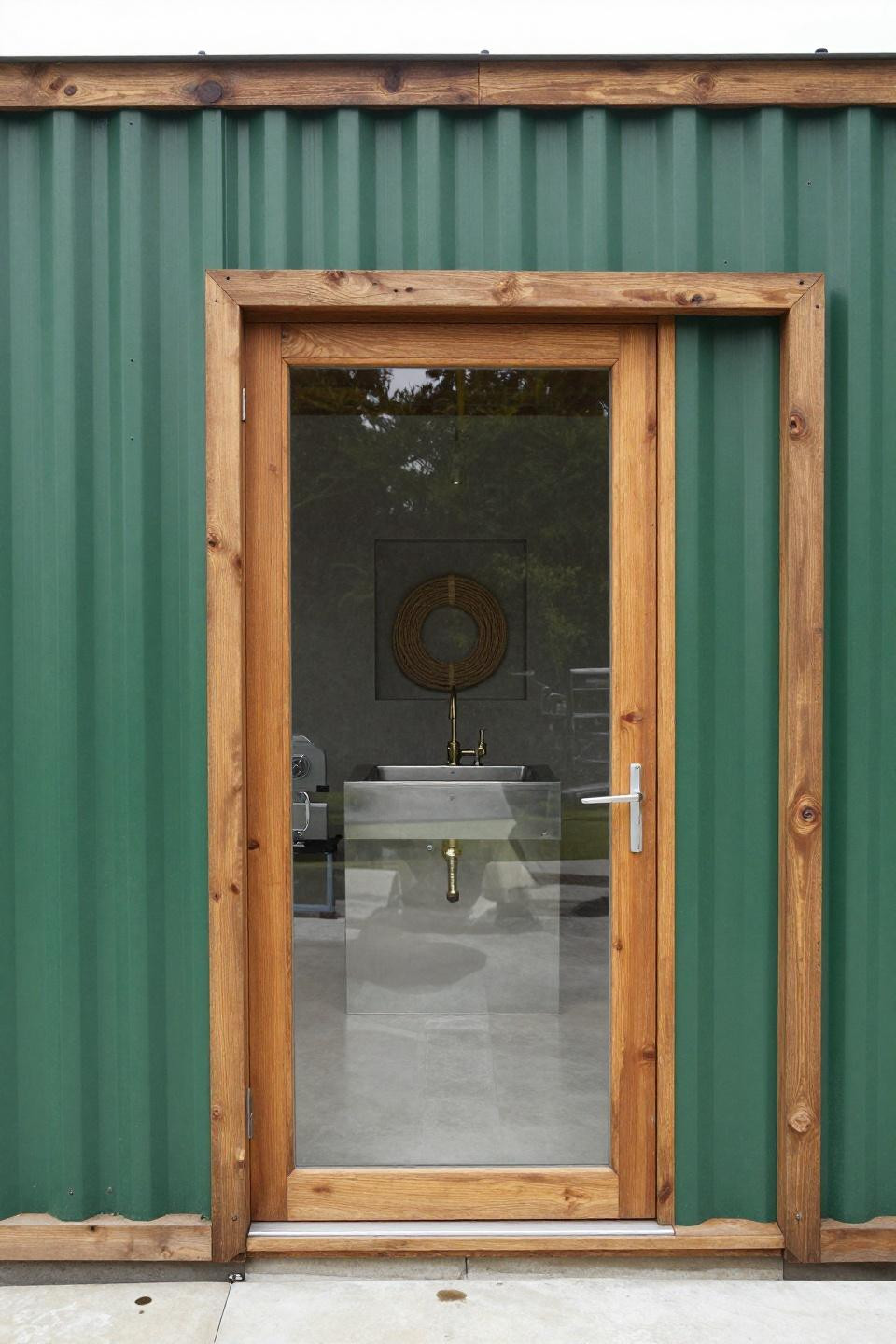 Small pool cabana ideas with forest green corrugated metal cladding and charred timber