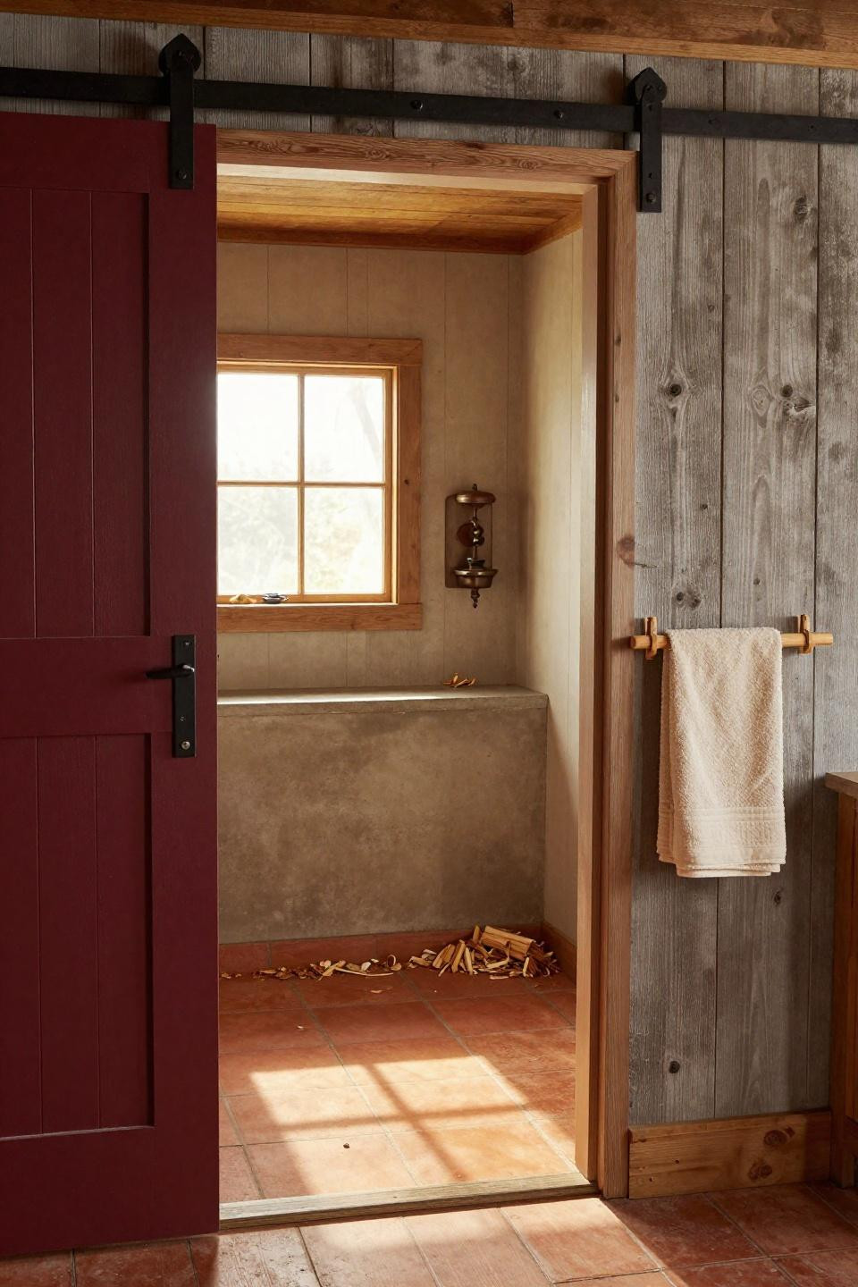 Small pool house designs with burgundy board-and-batten wall and salvaged barn door