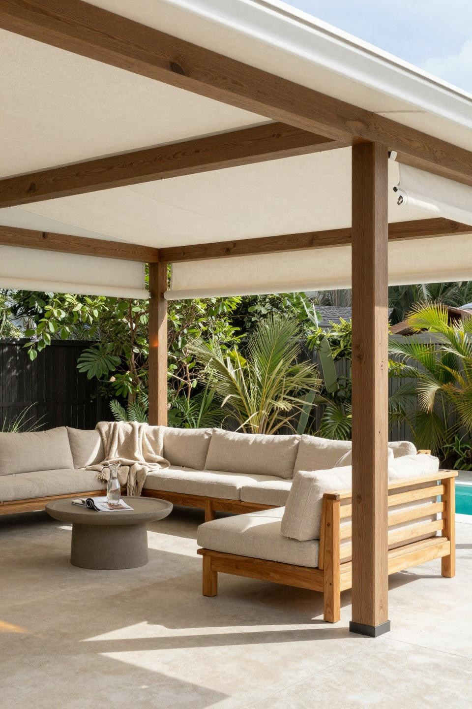 Outdoor pool house ideas with white Roman shade system and teak sectional