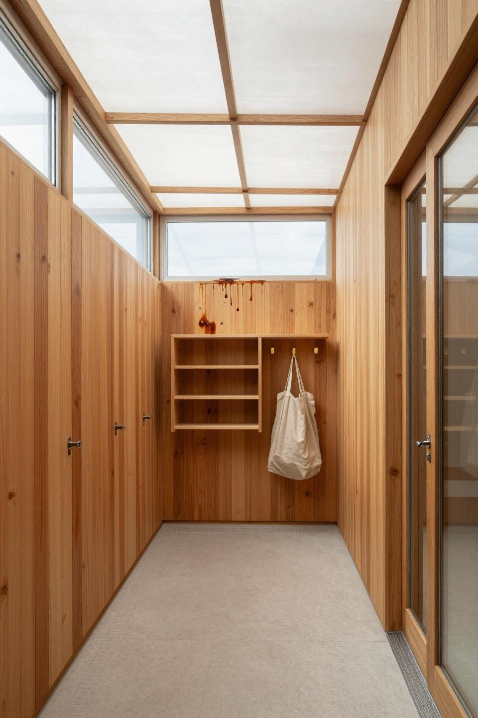 Simple pool house ideas with warm honey-pine siding and teak changing cubby