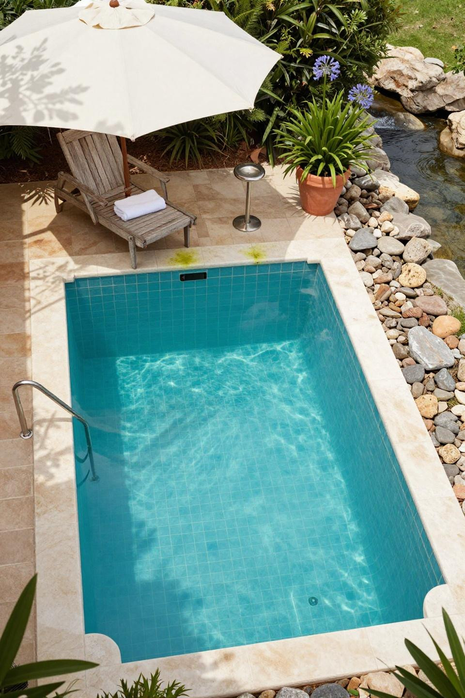 Backyard pool and patio ideas with bright ceramic tile