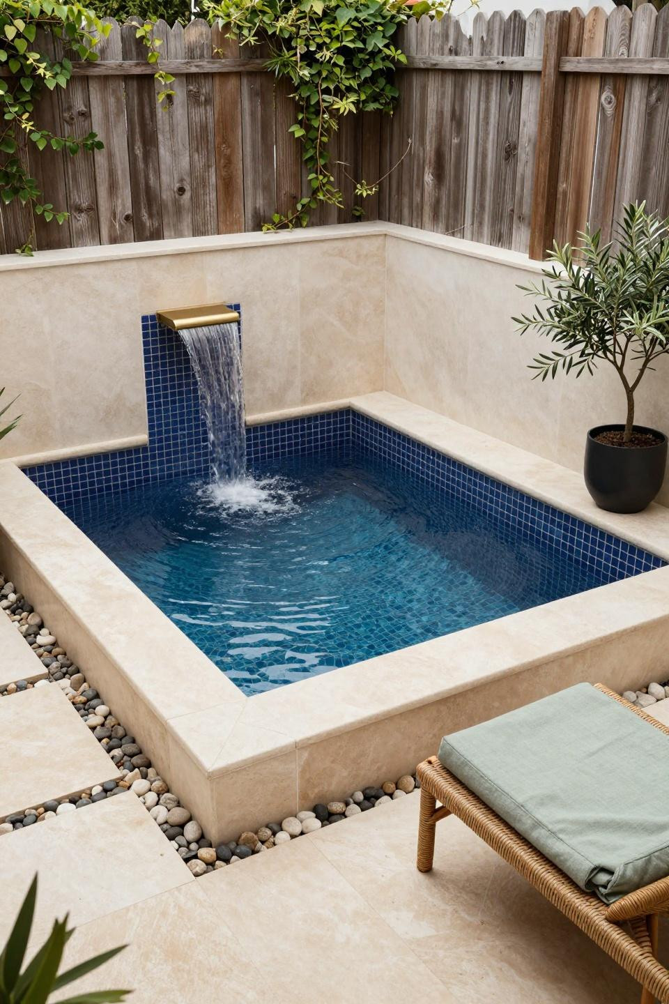 Small pool area with midnight blue mosaic tile
