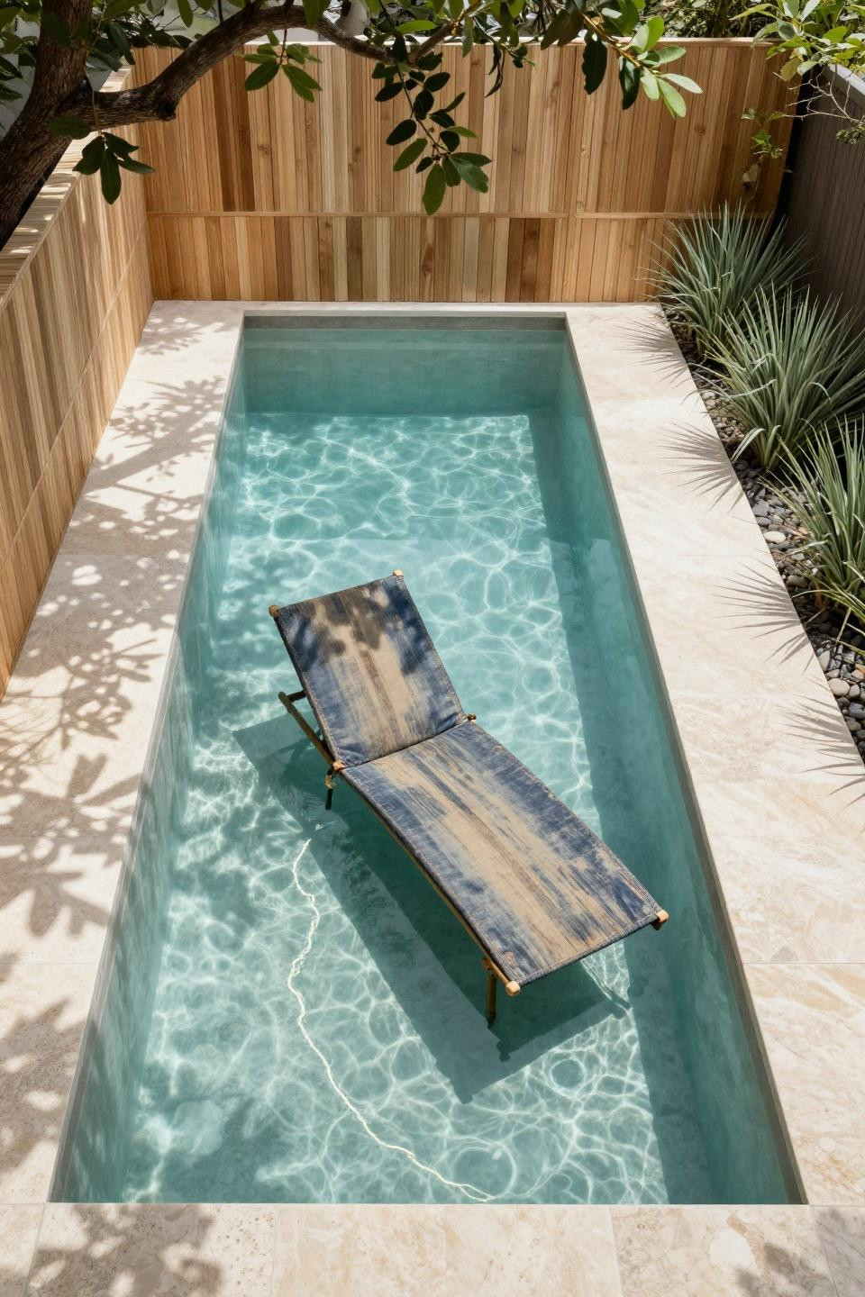Small pool design ideas with terrazzo limestone deck