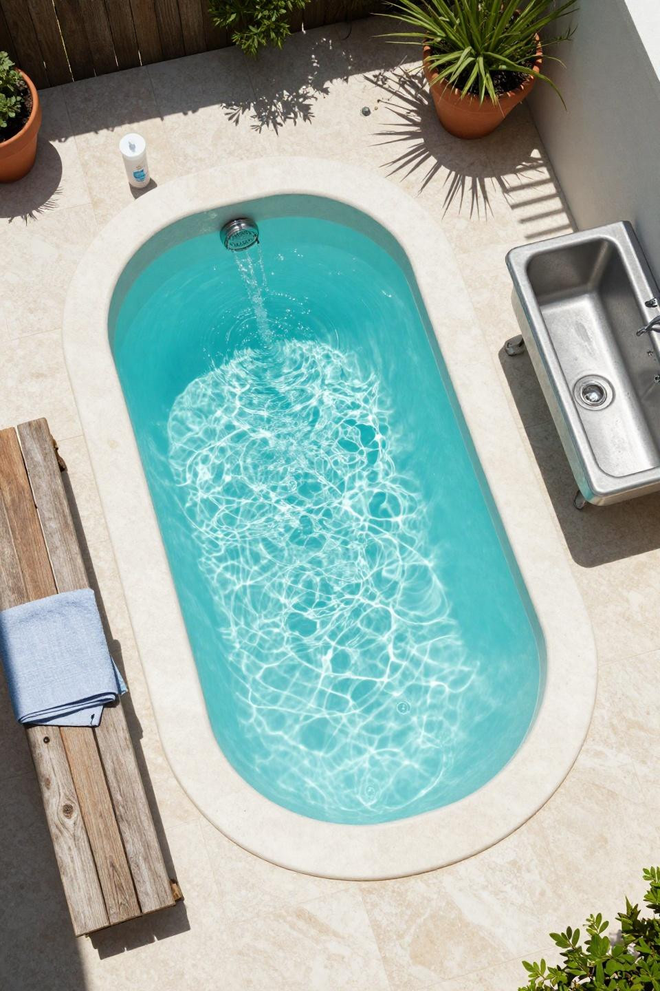 Small swimming pools backyard with fiberglass plunge pool and deck jets