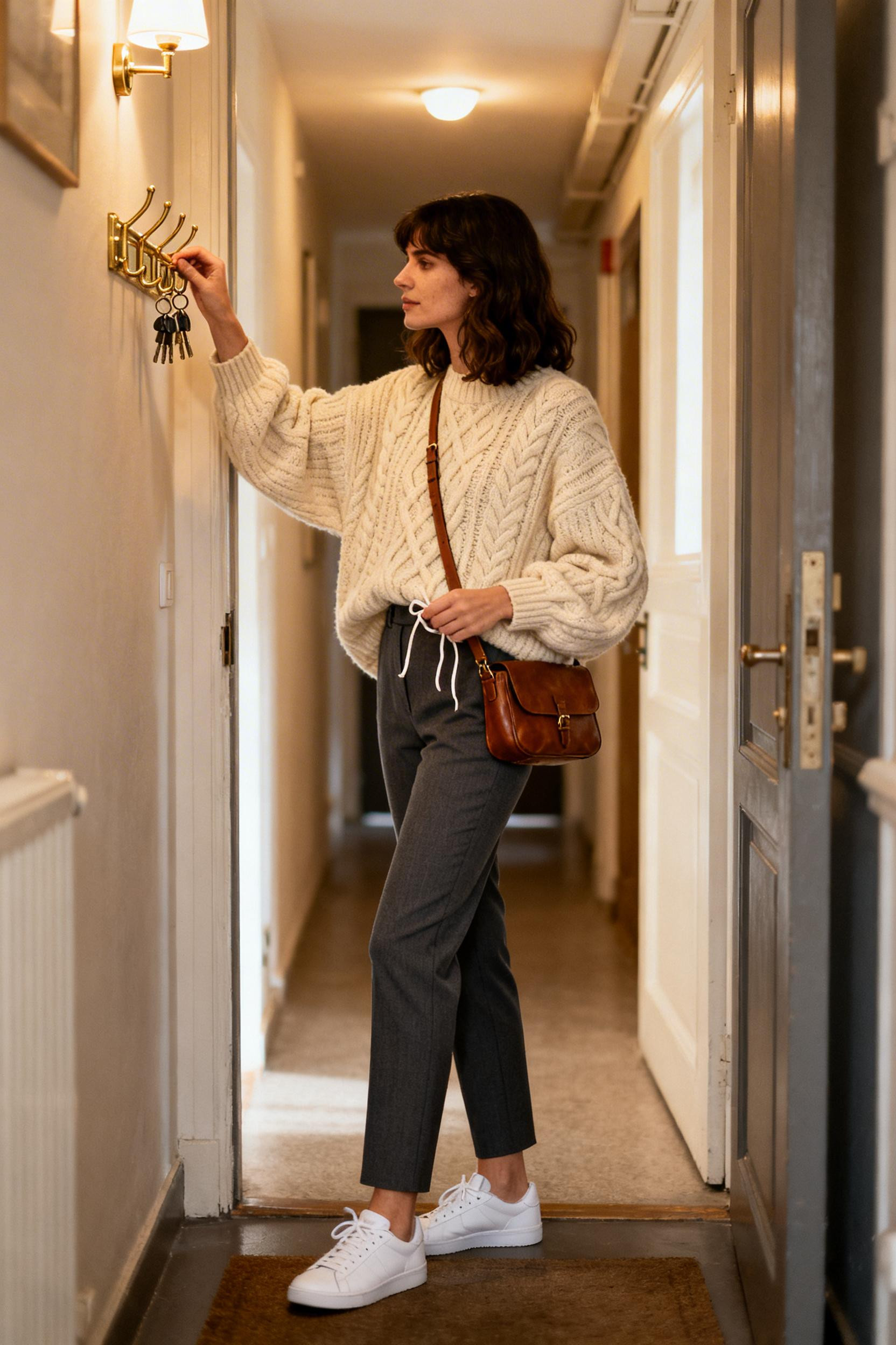 Comfortable Teacher Outfits - cream cable knit charcoal leggings