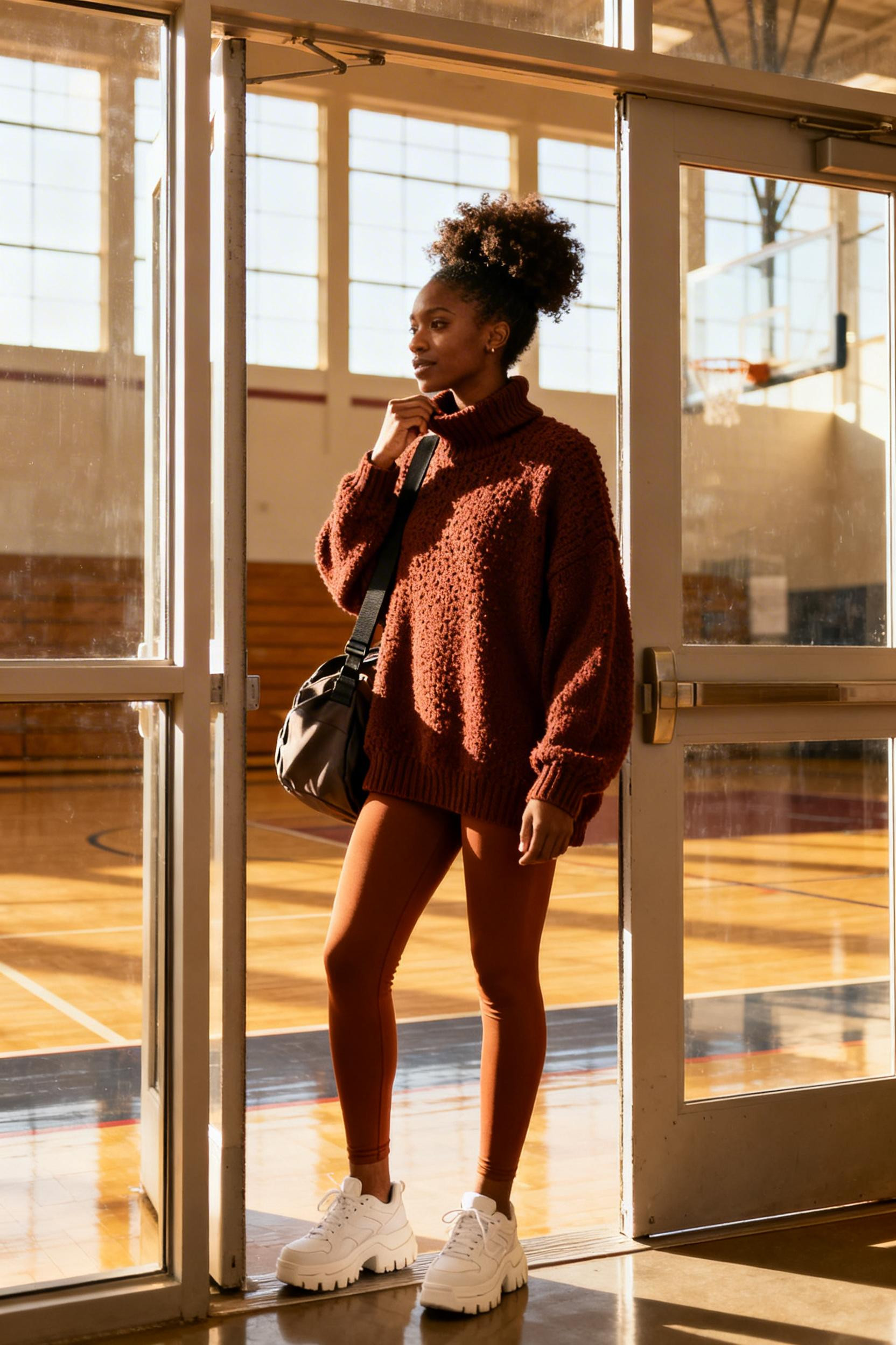 Gym Teacher Outfits - burnt sienna sweater leggings sneakers