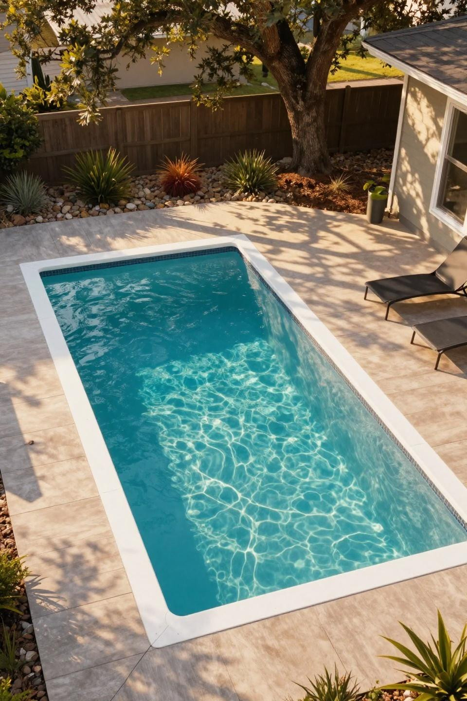 Above pool deck ideas with aluminum frame and geometric afternoon shadows