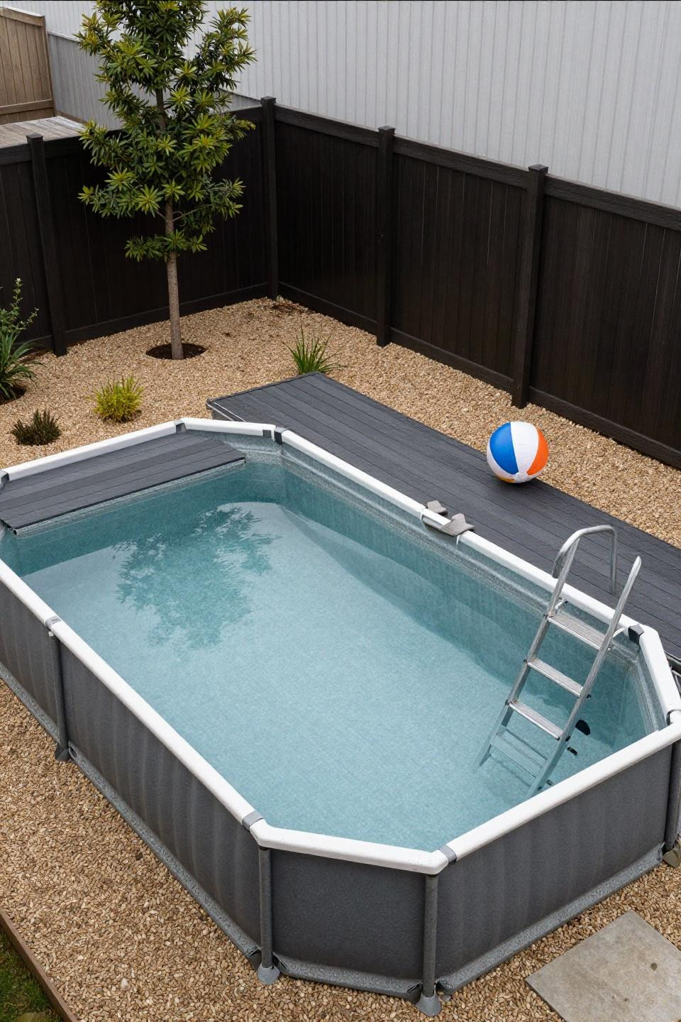 Above pool landscaping ideas with corrugated steel and charcoal composite deck